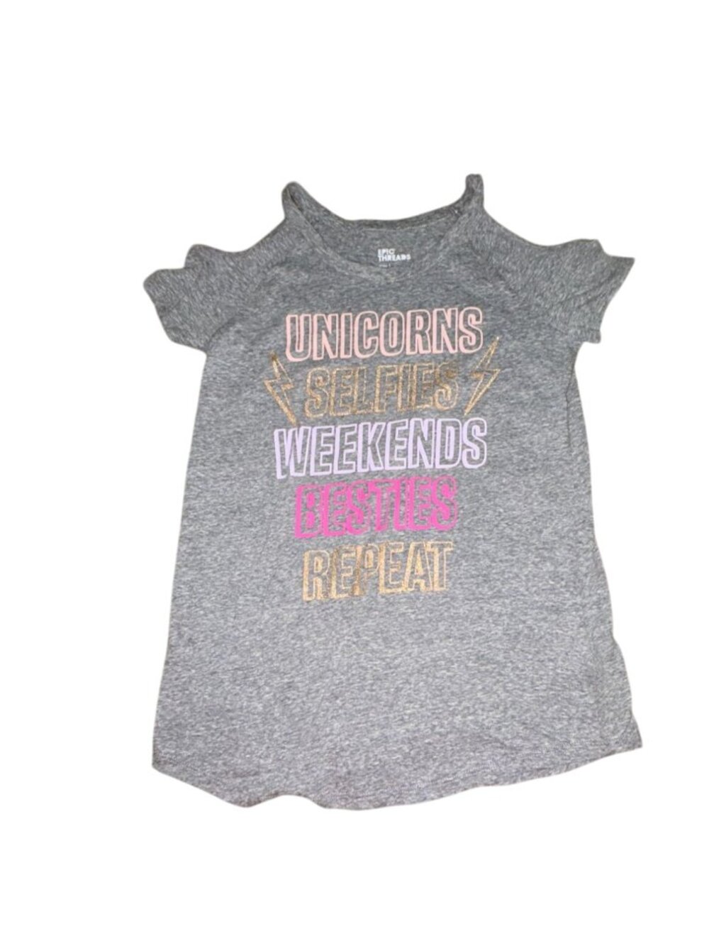 Epic Threads Girls Cold Shoulder Graphic T-Shirt-Gray-Size Large-NWT